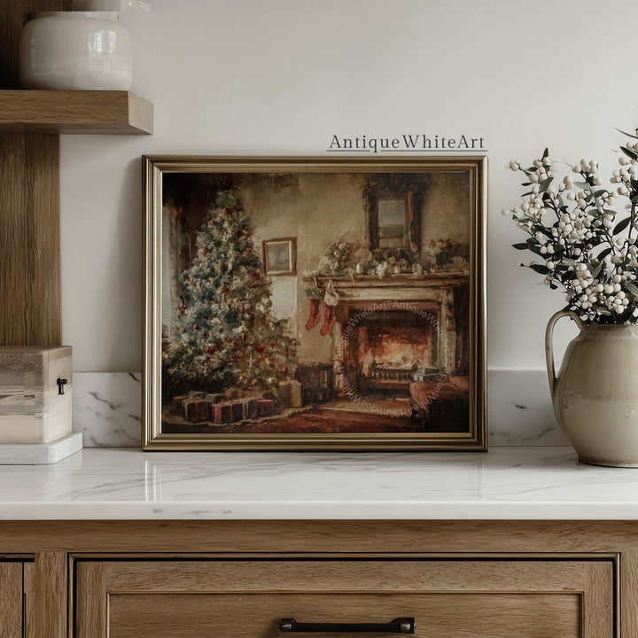 Vintage Style Christmas Tree Print: Cozy Holiday Scene ( ) W215 Print Wall Art