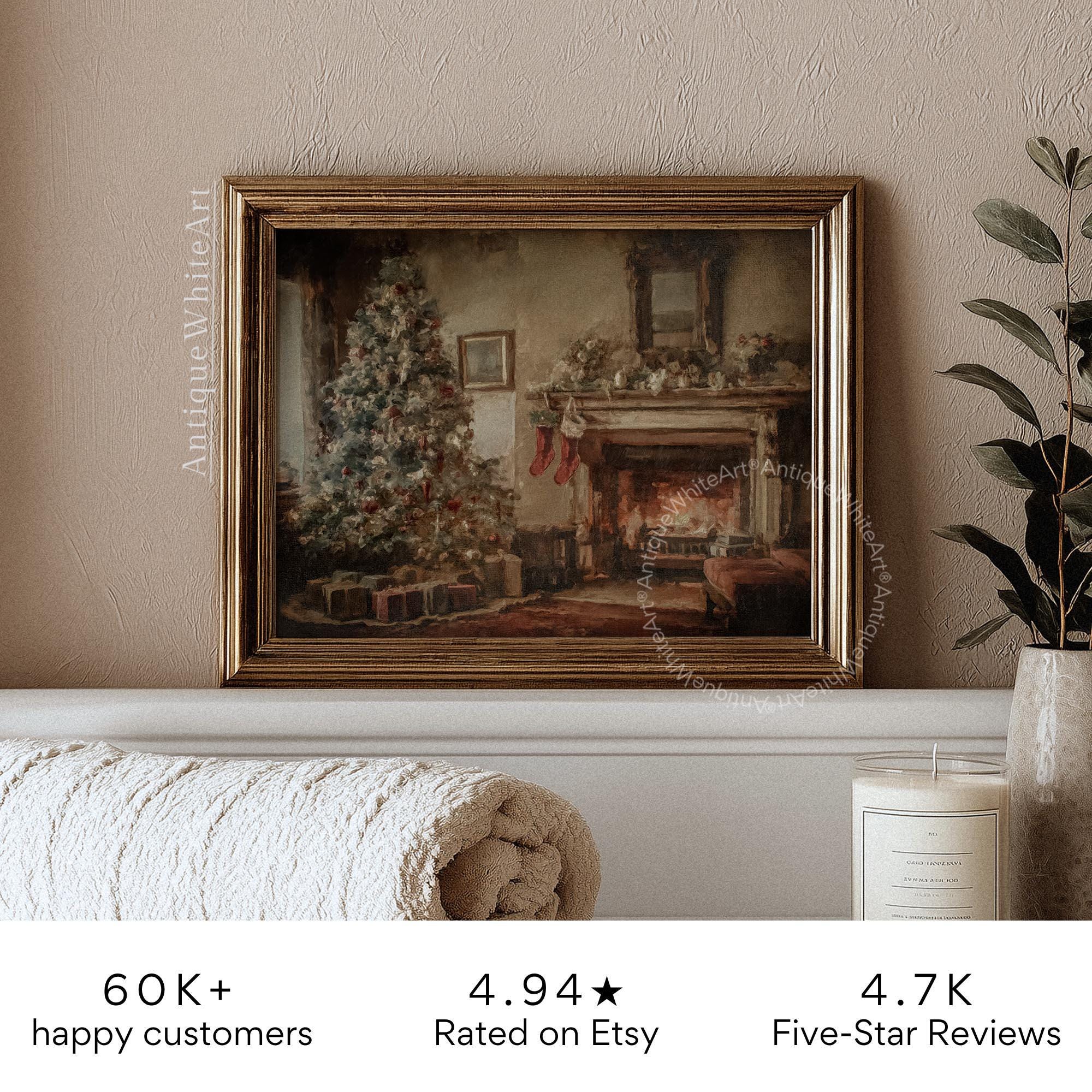 Vintage Style Christmas Tree Print: Cozy Holiday Scene ( ) W215 Print Wall Art