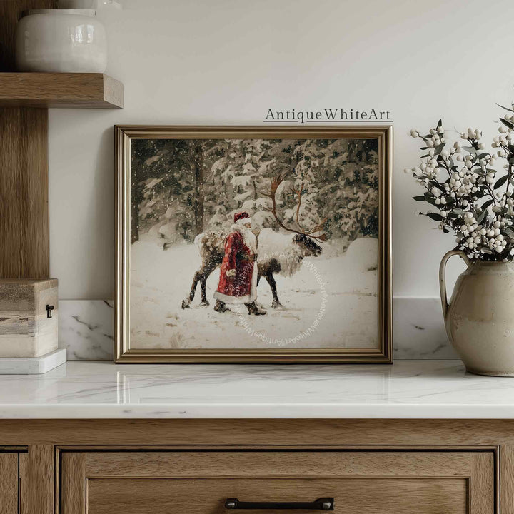 Santa Claus Print: Reindeer Painting Vintage Style Christmas Decor Snowy Forest W222 Print Wall Art