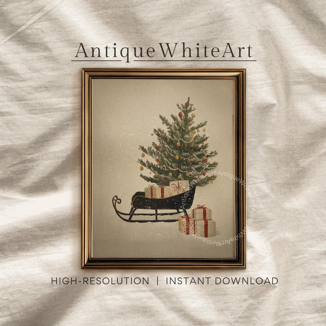 Vintage Style Christmas Sleigh Print: Holiday Wall Art ( ) W220 Print