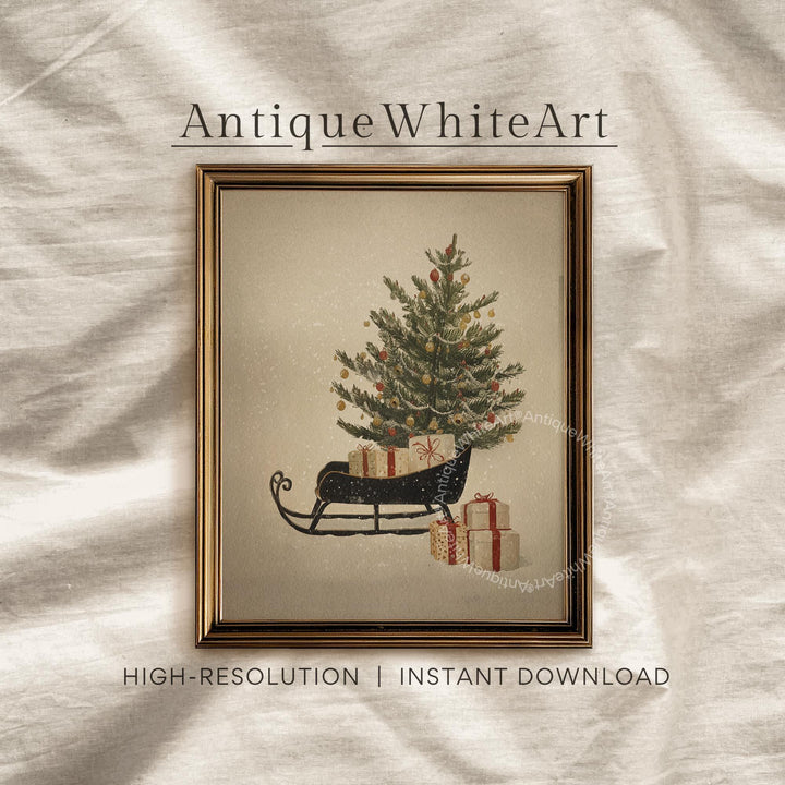 Vintage Style Christmas Sleigh Print: Holiday Wall Art ( ) W220 Print