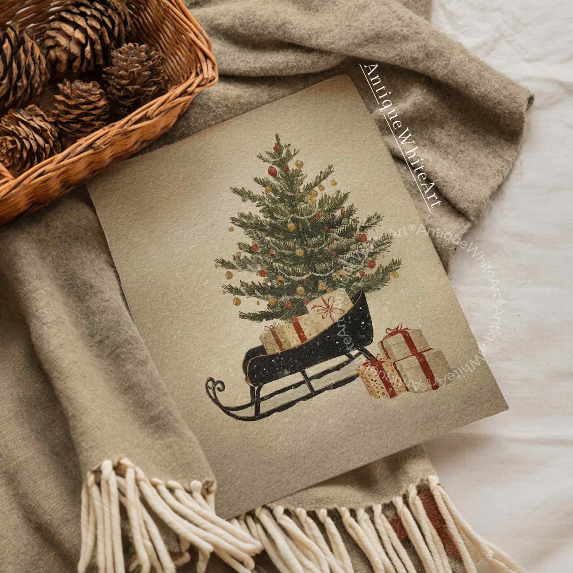 Vintage Style Christmas Sleigh Print: Holiday Wall Art ( ) W220 Print