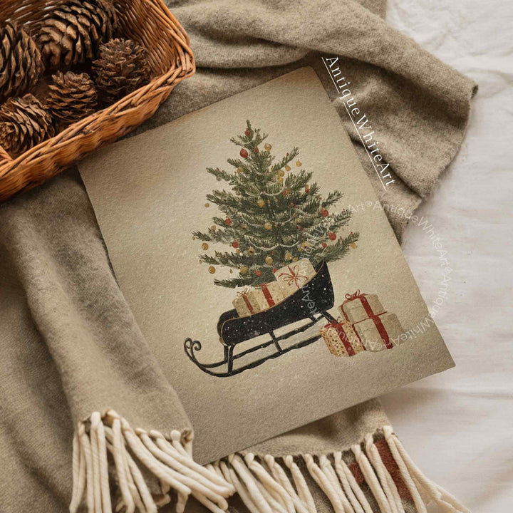 Vintage Style Christmas Sleigh Print: Holiday Wall Art ( ) W220 Print