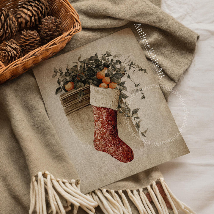 Vintage Style Christmas Stocking Art Print: Rustic Holiday Wall Decor ( ) W224 Print
