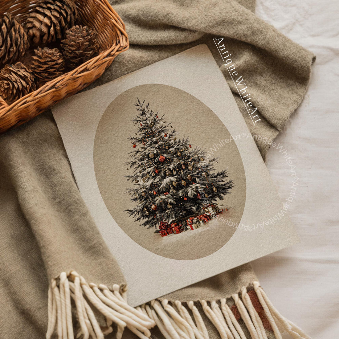 Christmas Tree Painting: Vintage Style Neutral Holiday Print W225 Wall Art