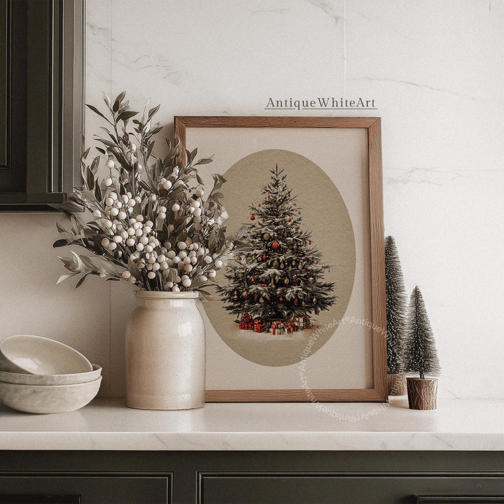 Christmas Tree Painting: Vintage Style Neutral Holiday Print W225 Wall Art