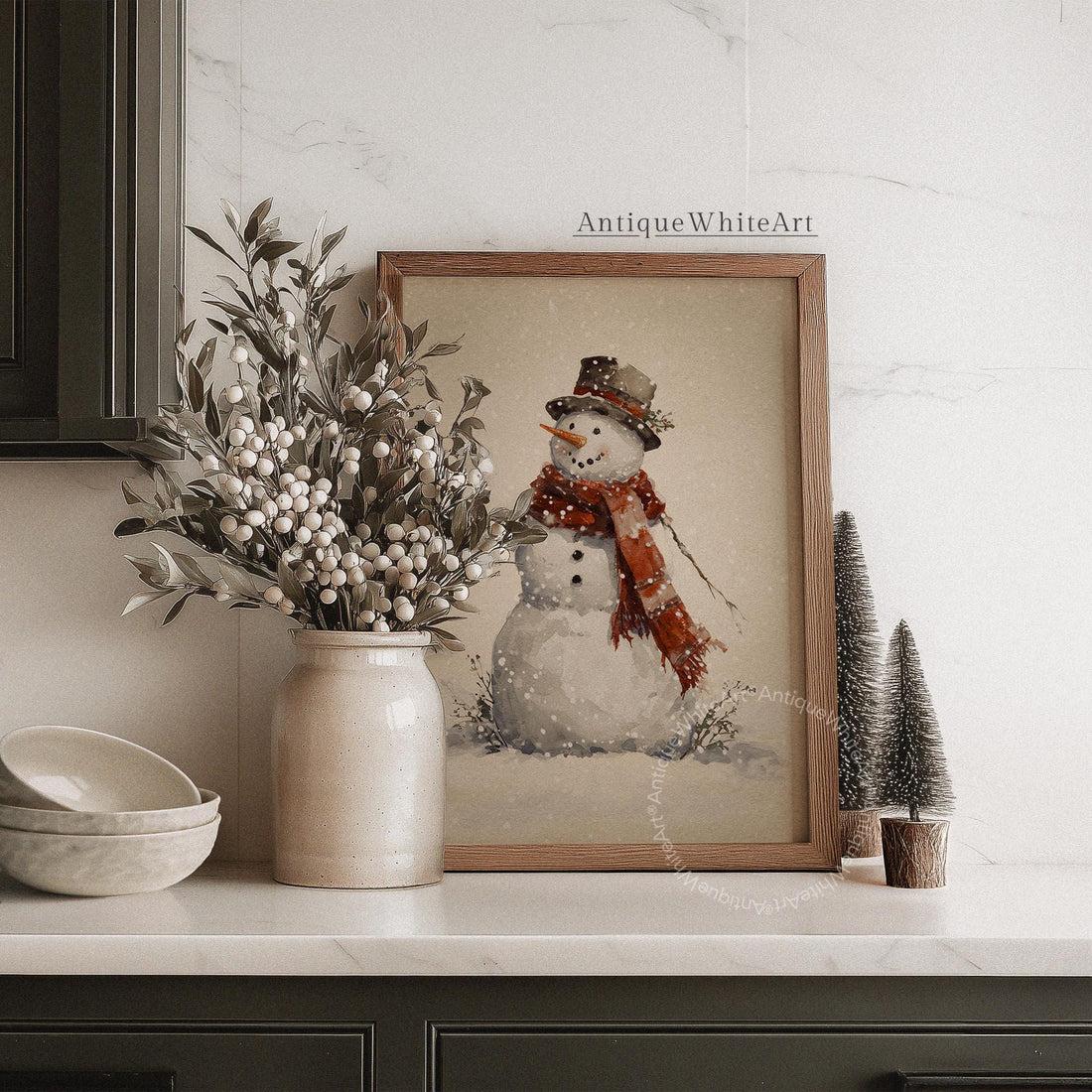 Snowman Wall Art: Beige Christmas Print Holiday Home Decor ( ) W226 Art