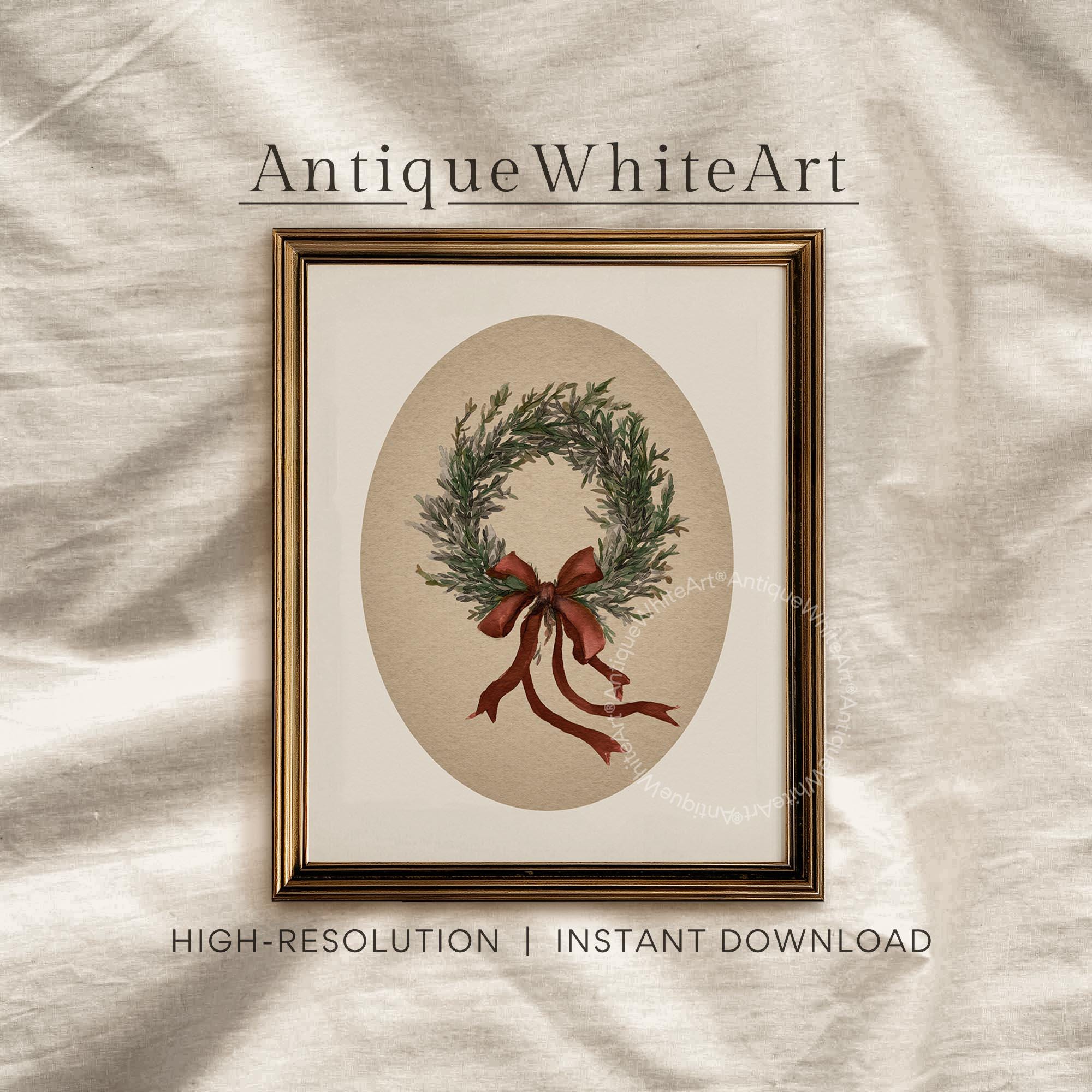 Vintage Style Christmas Wreath Painting: Rustic Holiday Wall Art ( ) W227 Print