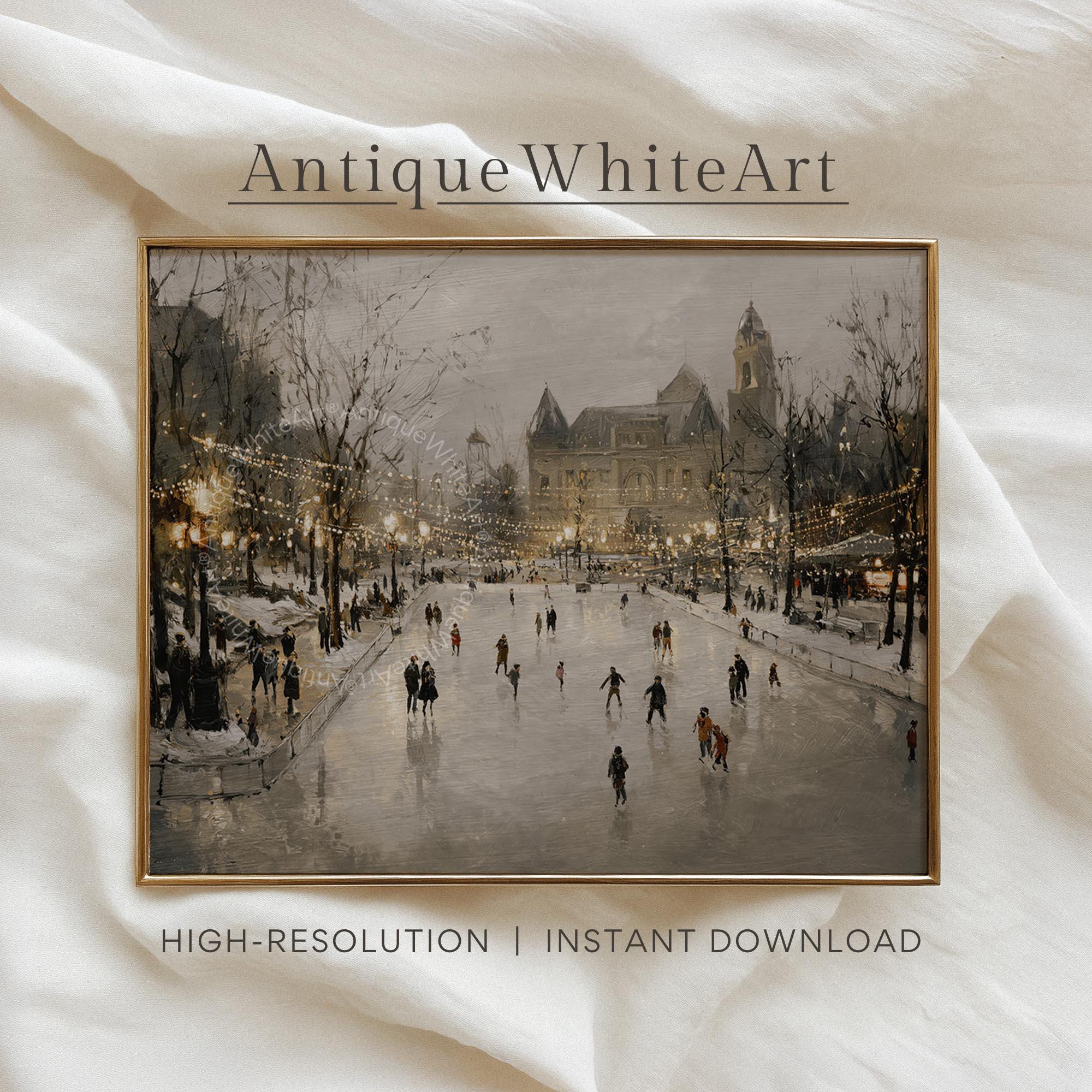 Winter Cityscape Art Print: Moody Ice Skating Scene ( ) W230 Print Wall