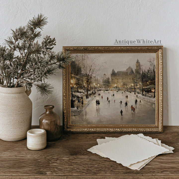 Winter Cityscape Art Print: Moody Ice Skating Scene ( ) W230 Print Wall