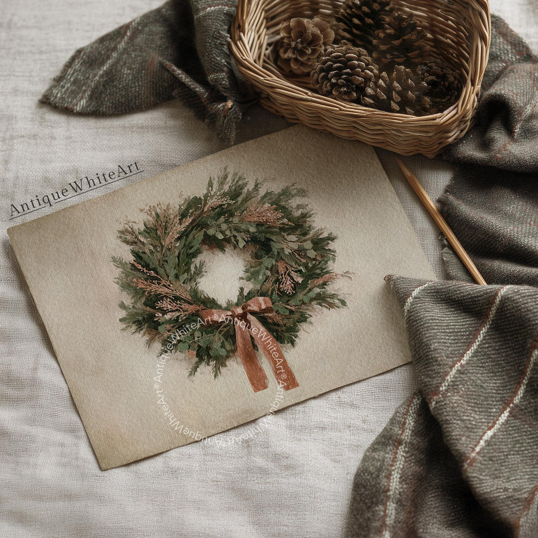 Vintage Style Christmas Wreath Painting: Rustic Holiday Wall Art ( ) W232 Print