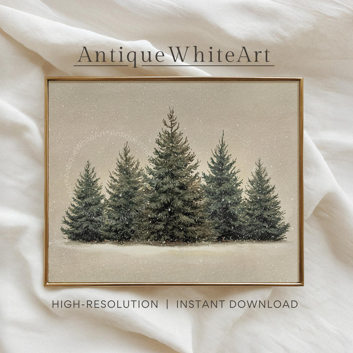 Vintage Style Christmas Print: Snowy Pine Forest Scene in Neutral Tones ( ) W233 Print Wall Art
