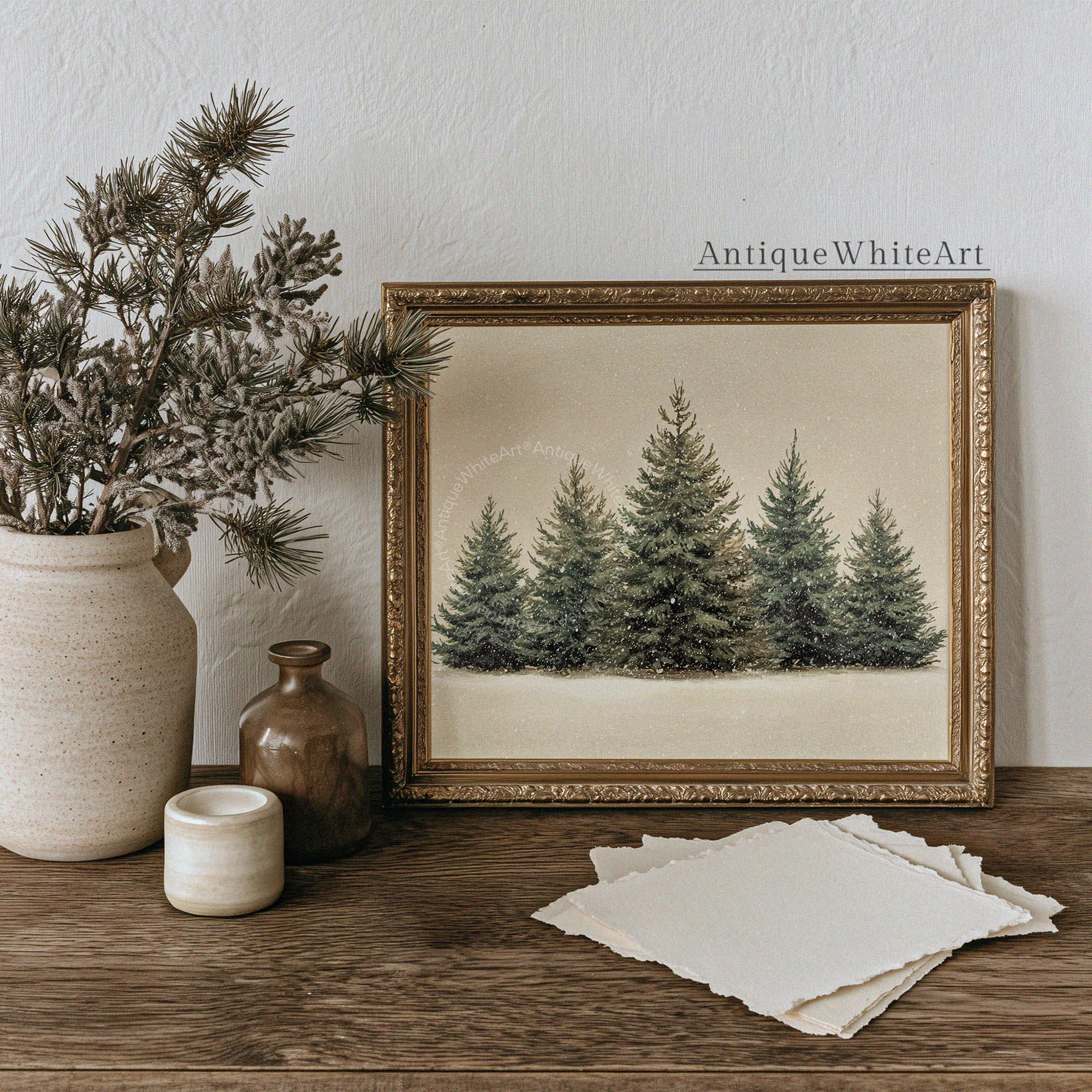 Vintage Style Christmas Print: Snowy Pine Forest Scene in Neutral Tones ( ) W233 Print Wall Art