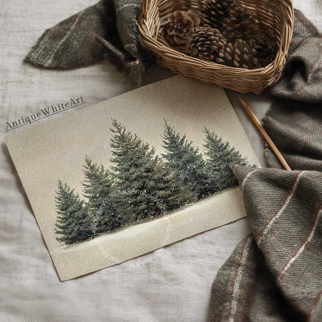 Vintage Style Christmas Print: Snowy Pine Forest Scene in Neutral Tones ( ) W233 Print Wall Art