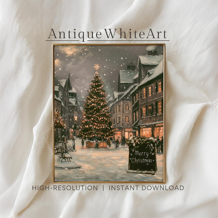 Vintage Style Christmas Town Print: Snowy Tree Farmhouse Decor ( ) W234 Print Wall Art