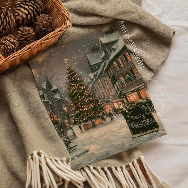 Vintage Style Christmas Town Print: Snowy Tree Farmhouse Decor ( ) W234 Print Wall Art