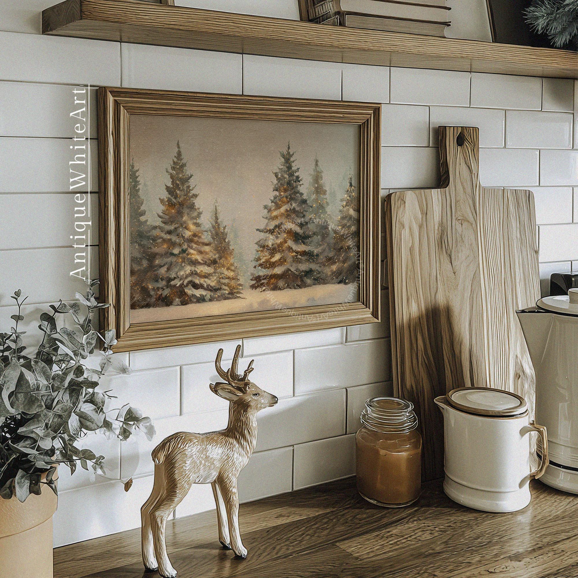 Vintage Style Pine Forest Print: Neutral Christmas Landscape ( ) W235 Print Wall Art