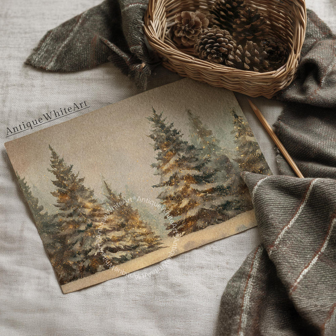 Vintage Style Pine Forest Print: Neutral Christmas Landscape ( ) W235 Print Wall Art