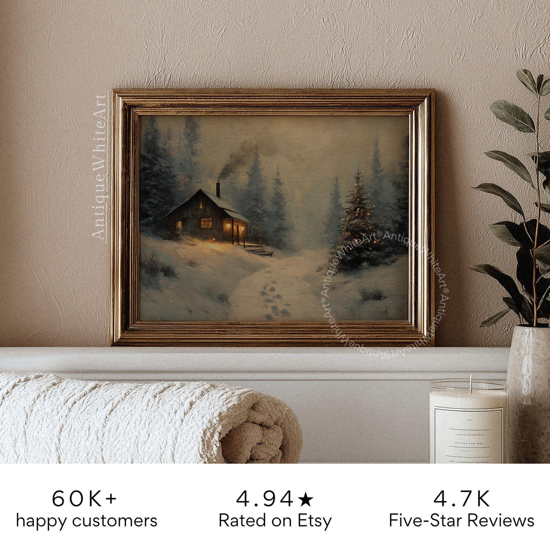 Rustic Winter Landscape Wall Art Cabin Print Farmhouse Prints Pine Forest Painting W237
