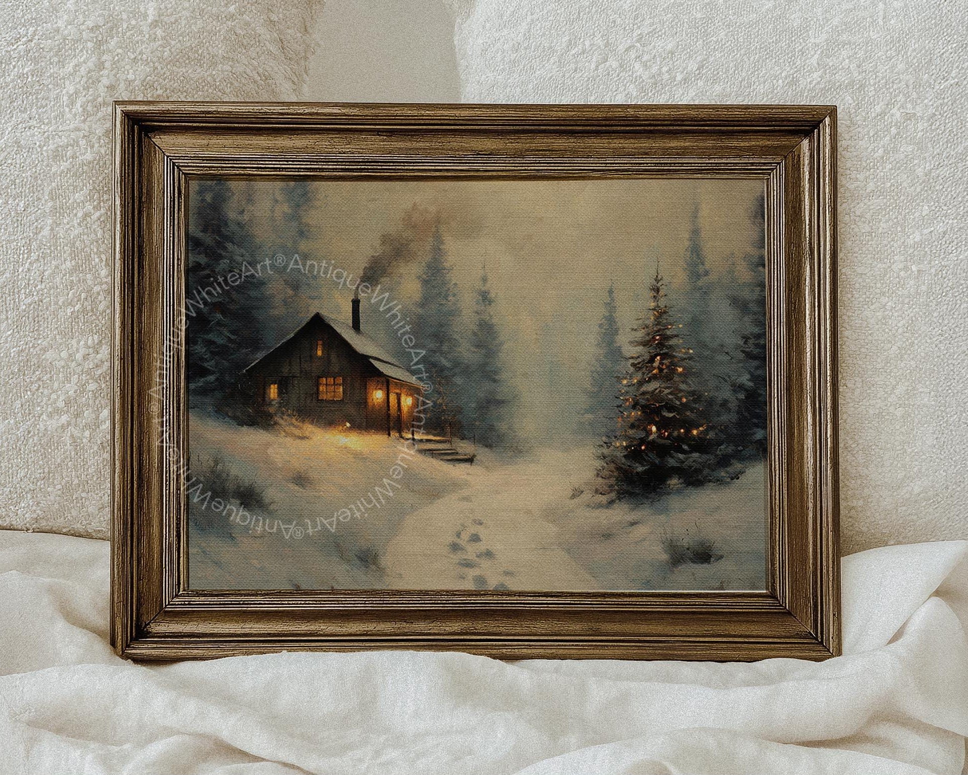 Rustic Winter Landscape Wall Art Cabin Print Farmhouse Prints Pine Forest Painting W237