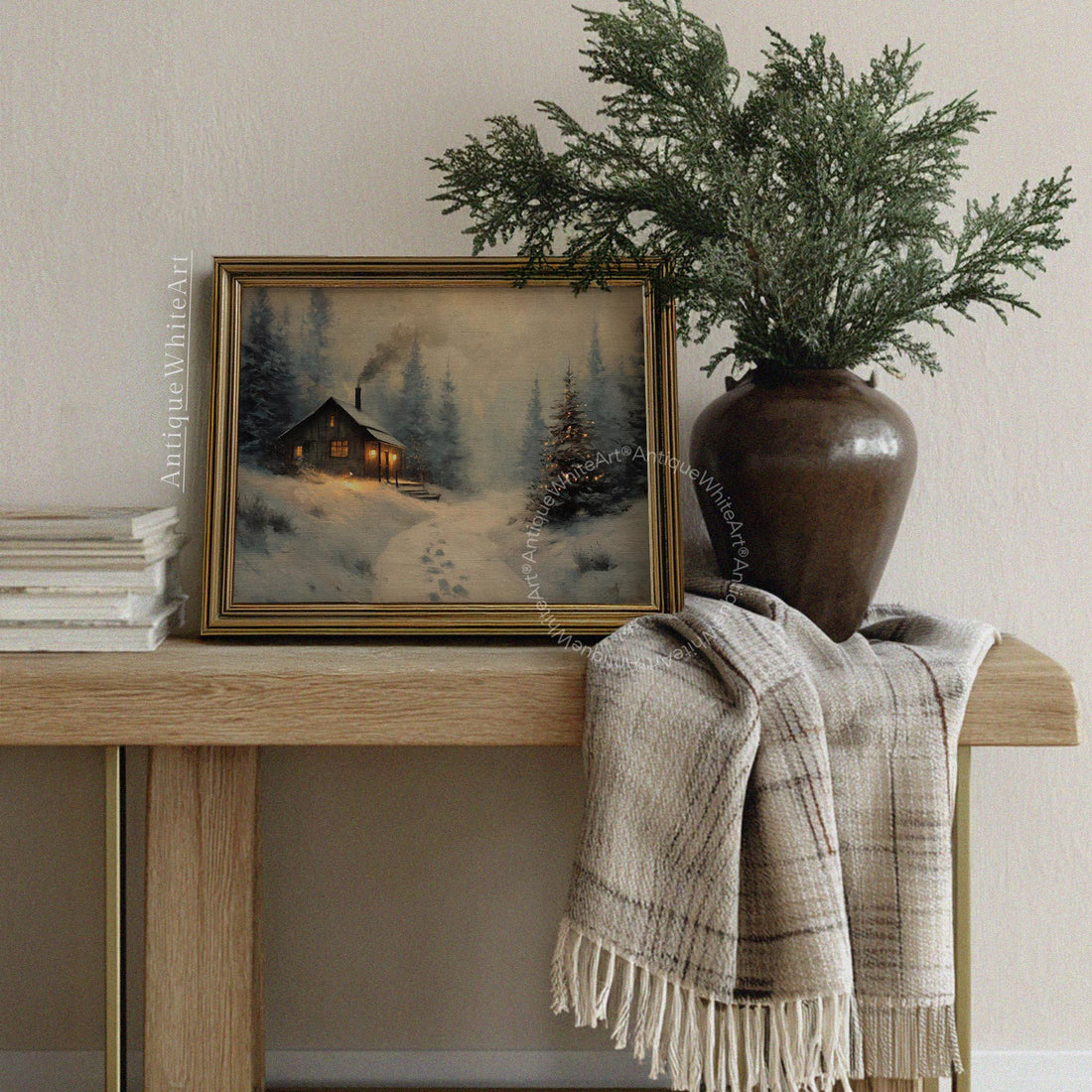 Rustic Winter Landscape Wall Art Cabin Print Farmhouse Prints Pine Forest Painting W237