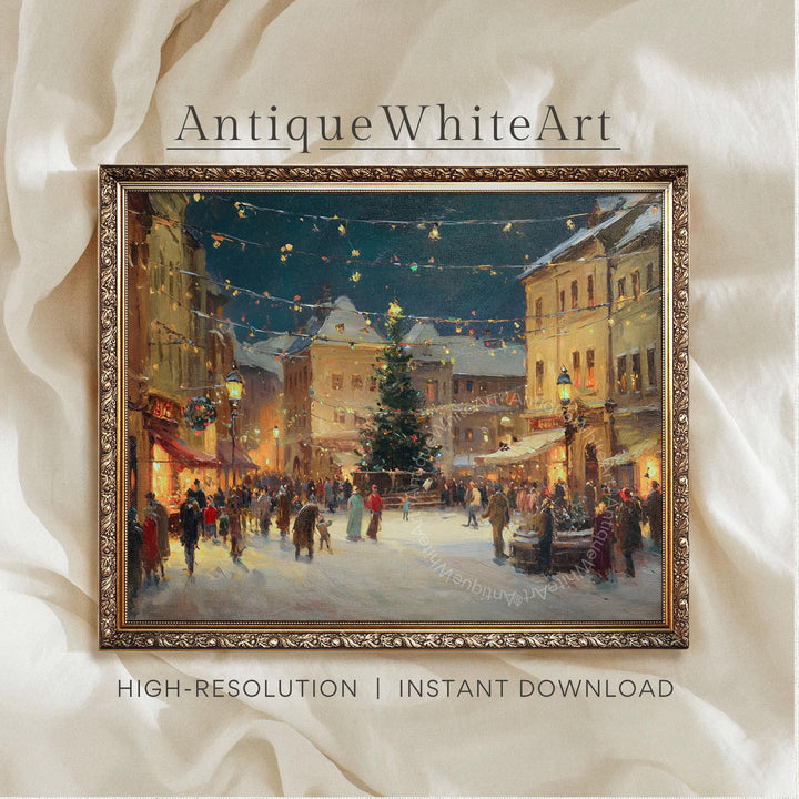 Vintage Style Christmas Town Print Tree Painting Moody Winter Wall Art Farmhouse Decor W239