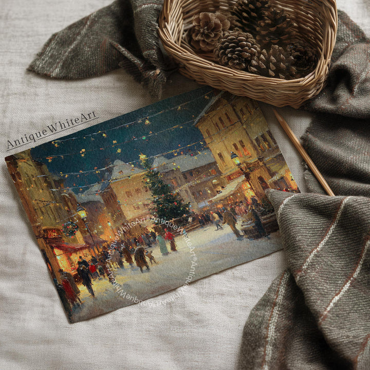 Vintage Style Christmas Town Print Tree Painting Moody Winter Wall Art Farmhouse Decor W239