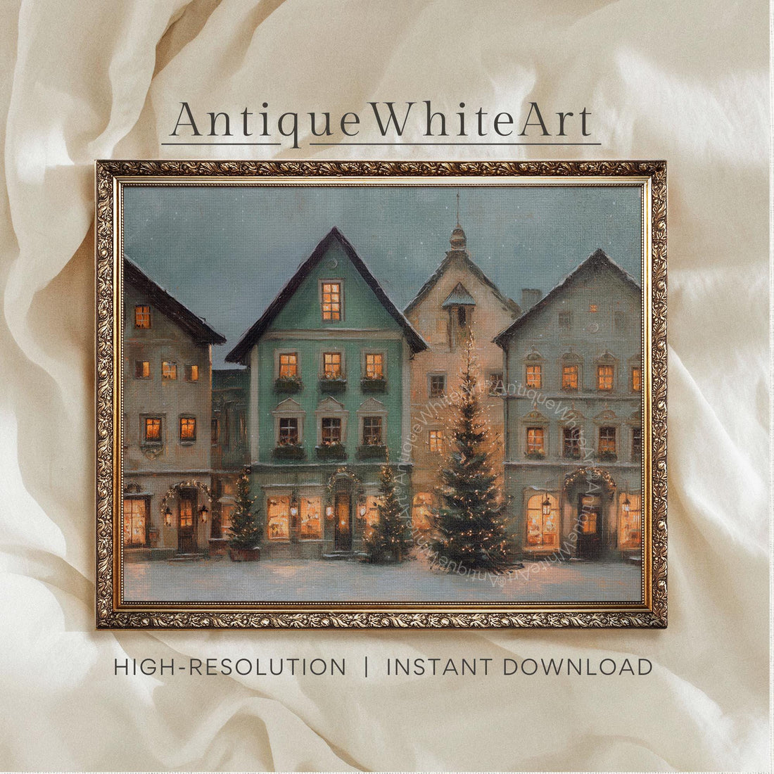 Rustic Christmas Town Print Tree Painting Moody Winter Wall Art Farmhouse Decor W242