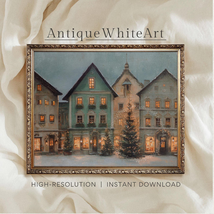 Rustic Christmas Town Print Tree Painting Moody Winter Wall Art Farmhouse Decor W242