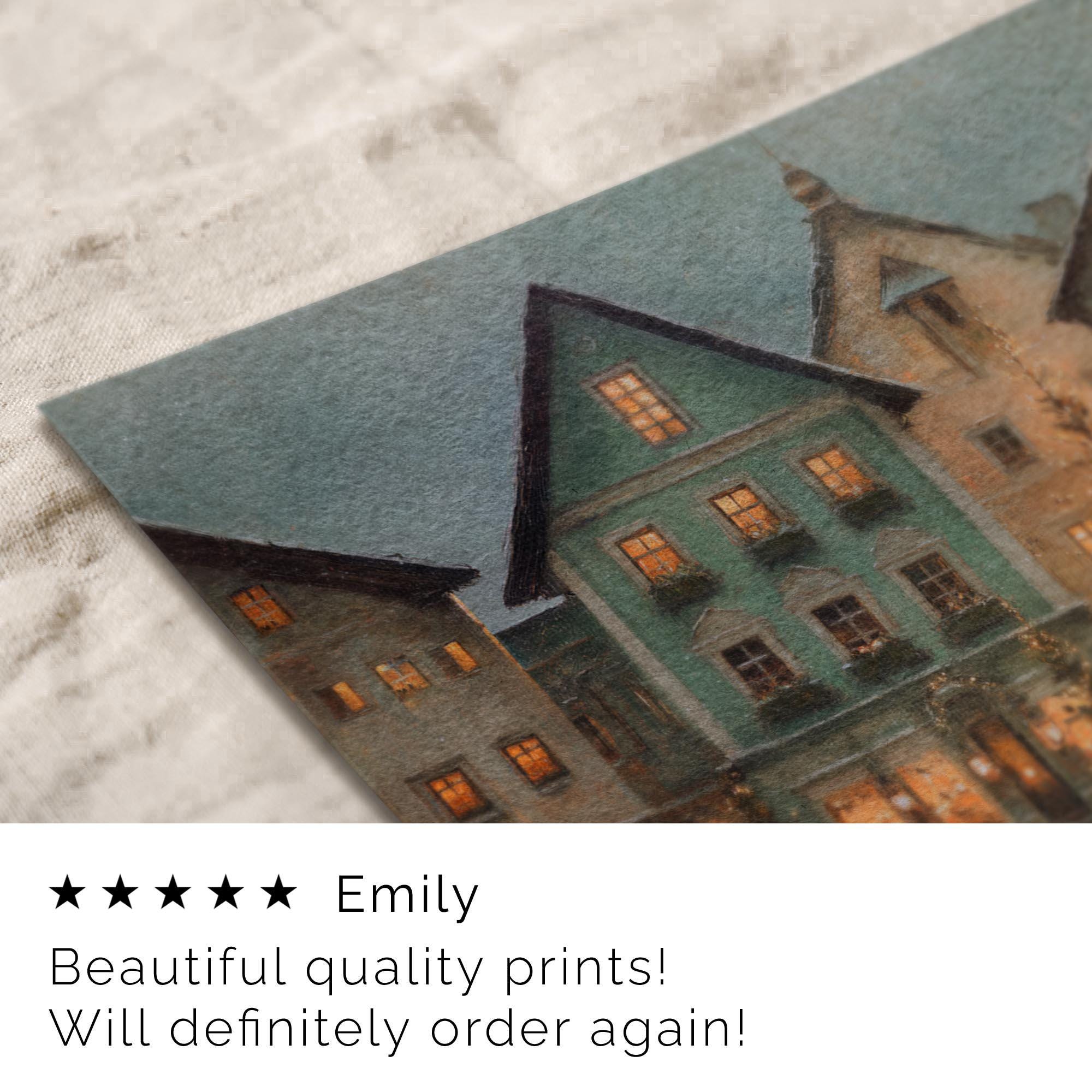 Rustic Christmas Town Print Tree Painting Moody Winter Wall Art Farmhouse Decor W242