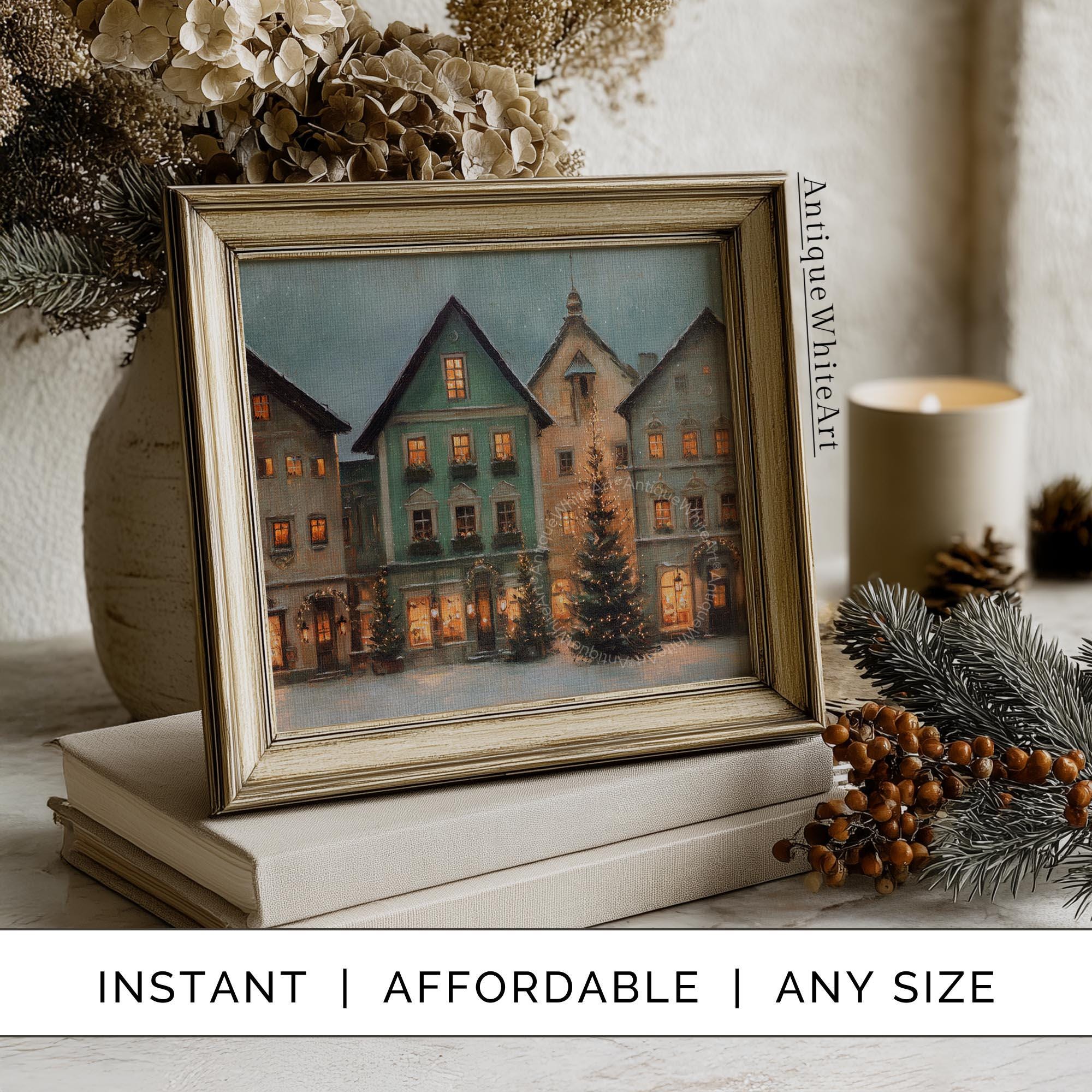 Rustic Christmas Town Print Tree Painting Moody Winter Wall Art Farmhouse Decor W242