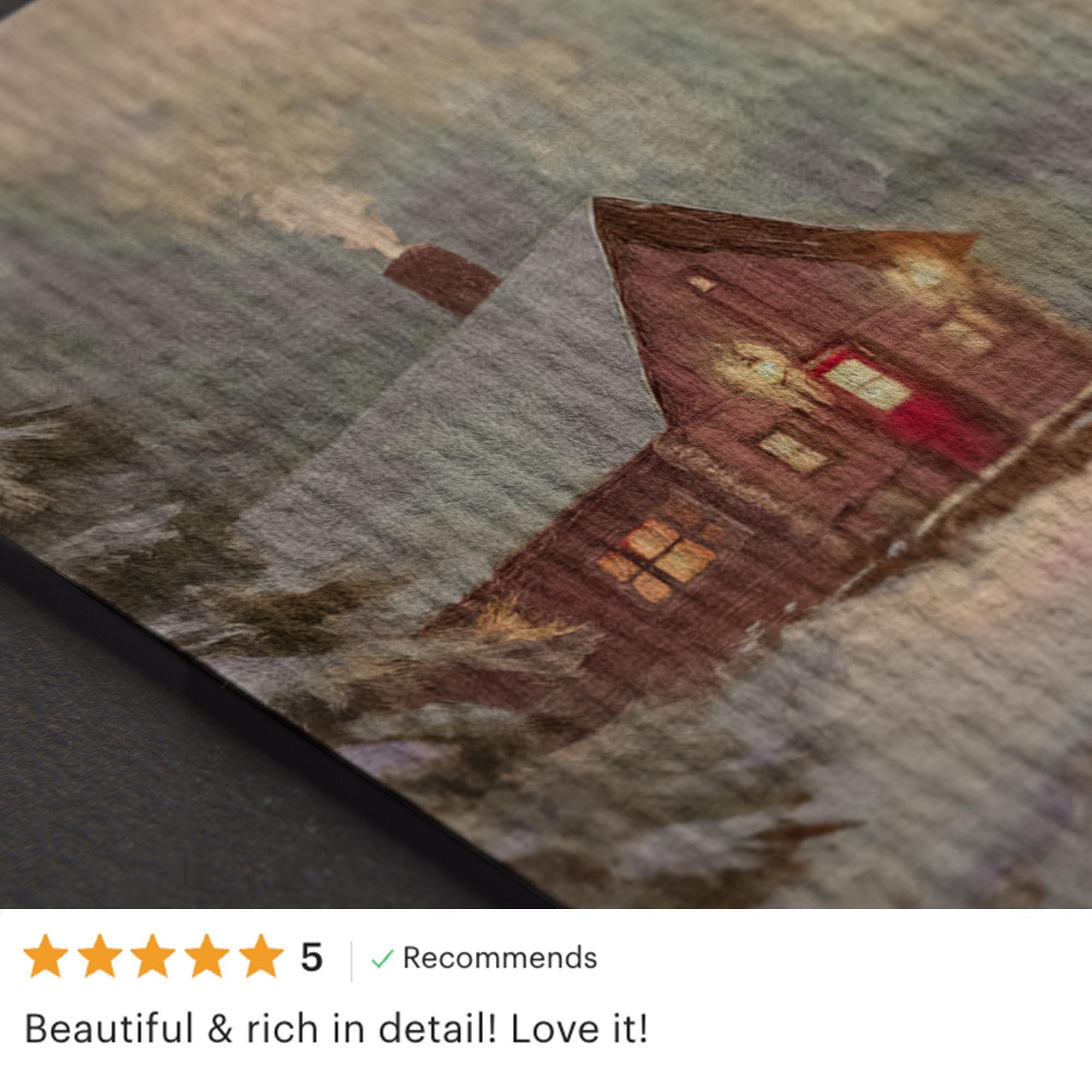 Winter Cabin Rustic Print Wall Art Pine Forest Painting Vintage Style Landscape W241