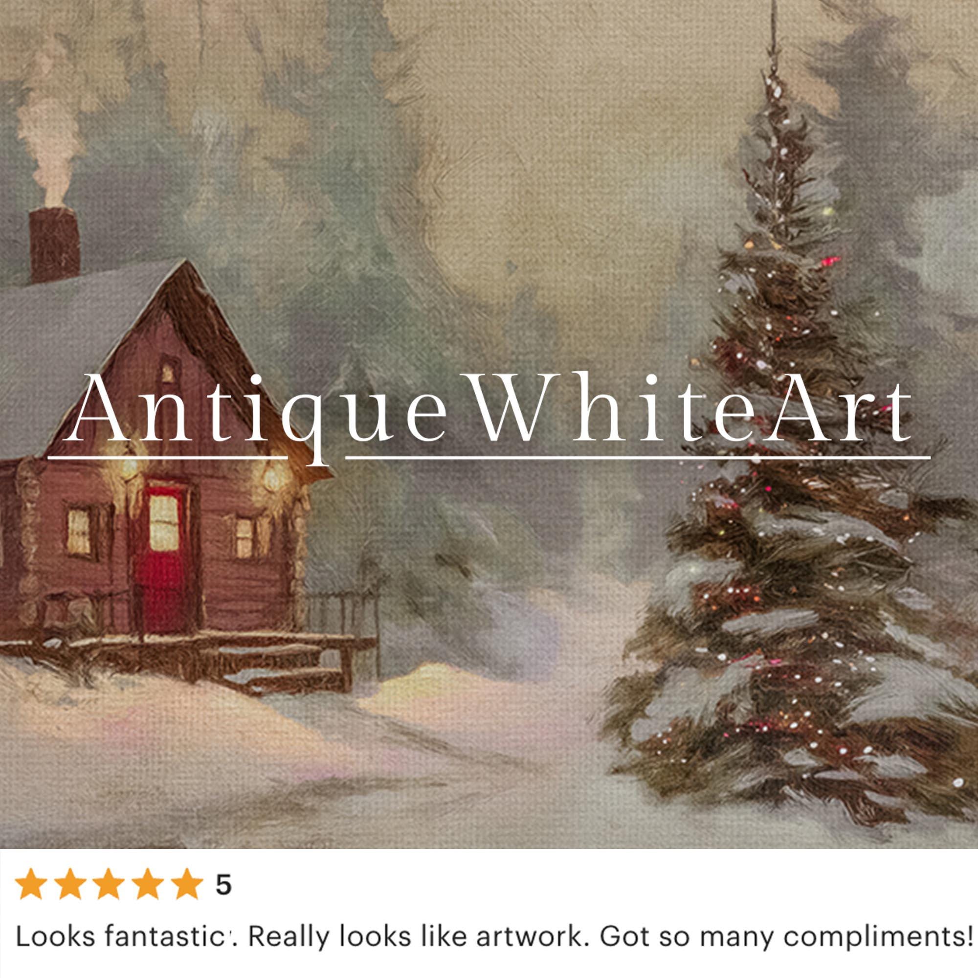 Winter Cabin Rustic Print Wall Art Pine Forest Painting Vintage Style Landscape W241