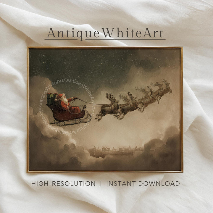 Santa Claus Flying above the Town Print: Christmas Reindeers Painting Vintage Style Farmhouse Decor W240 Print Wall Art