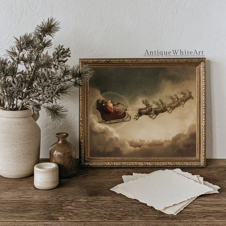 Santa Claus Flying above the Town Print: Christmas Reindeers Painting Vintage Style Farmhouse Decor W240 Print Wall Art