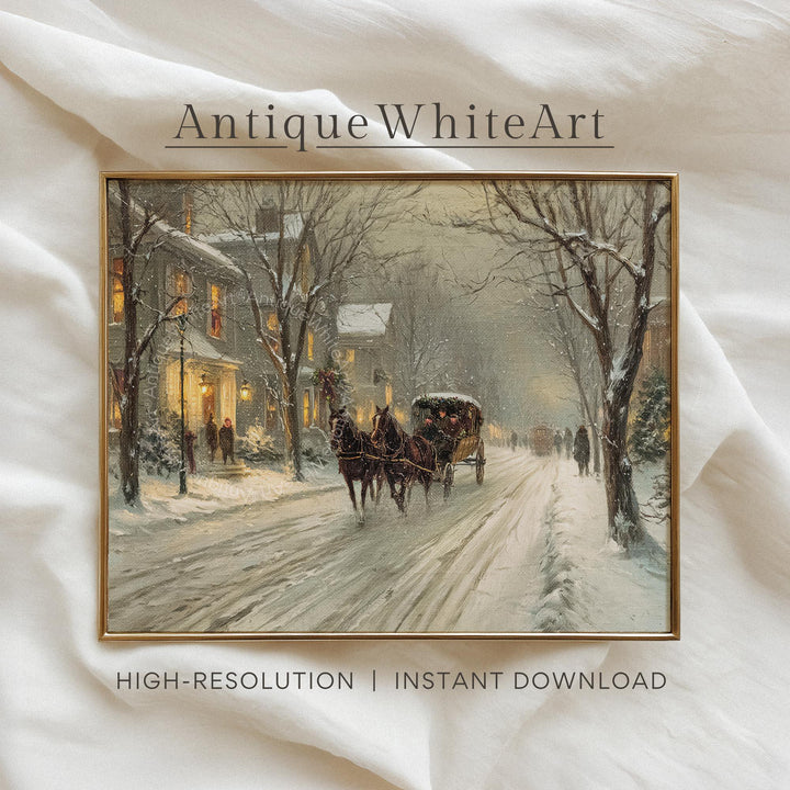 Victorian Winter Carriage Ride Snowy Village Street Scene Christmas Wall Art Antique Style Home Decor W244 Print