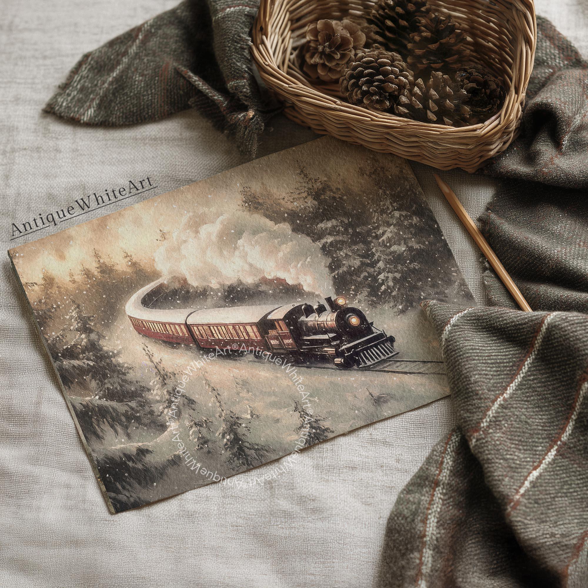 Vintage Style Winter Train Art Print: Steam Engine Snowy Pines ( ) W245 Print Wall