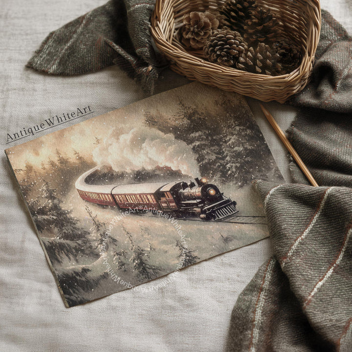 Vintage Style Winter Train Art Print: Steam Engine Snowy Pines ( ) W245 Print Wall