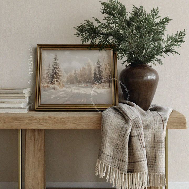 Vintage Style Winter Print Rustic Snowy Forest Art Neutral Landscape Painting W246 Wall