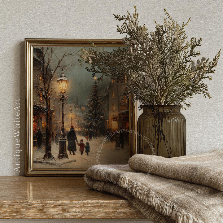 Vintage Style Christmas Town Print Tree Painting Moody Winter Wall Art Farmhouse Decor W248