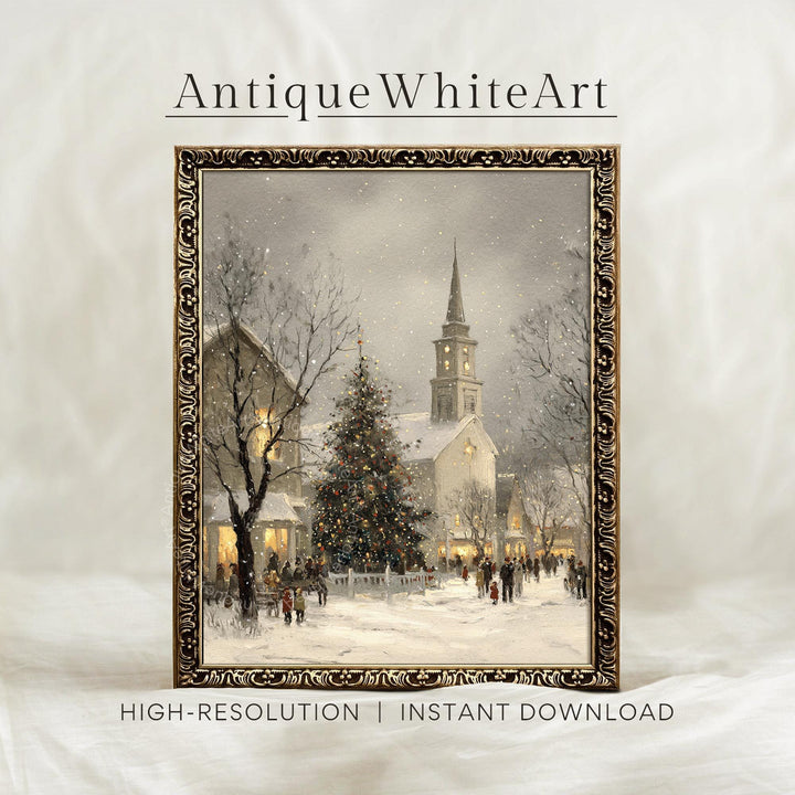 Rustic Christmas Town Print Tree Painting Moody Winter Wall Art Farmhouse Decor W249