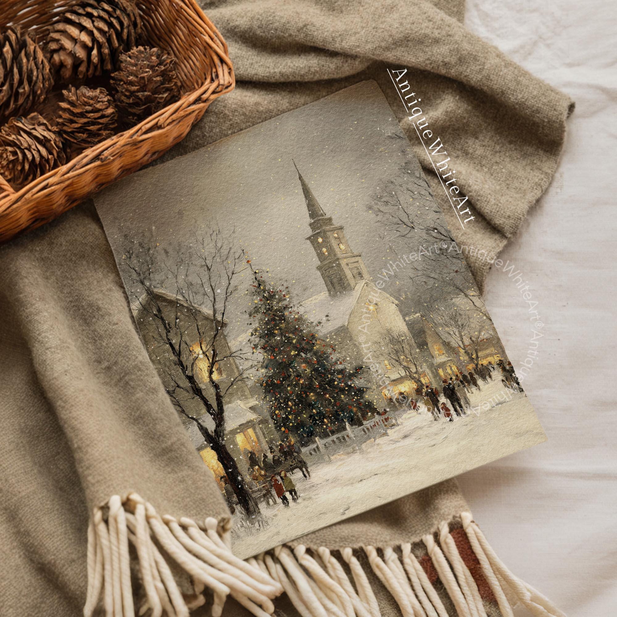 Rustic Christmas Town Print Tree Painting Moody Winter Wall Art Farmhouse Decor W249