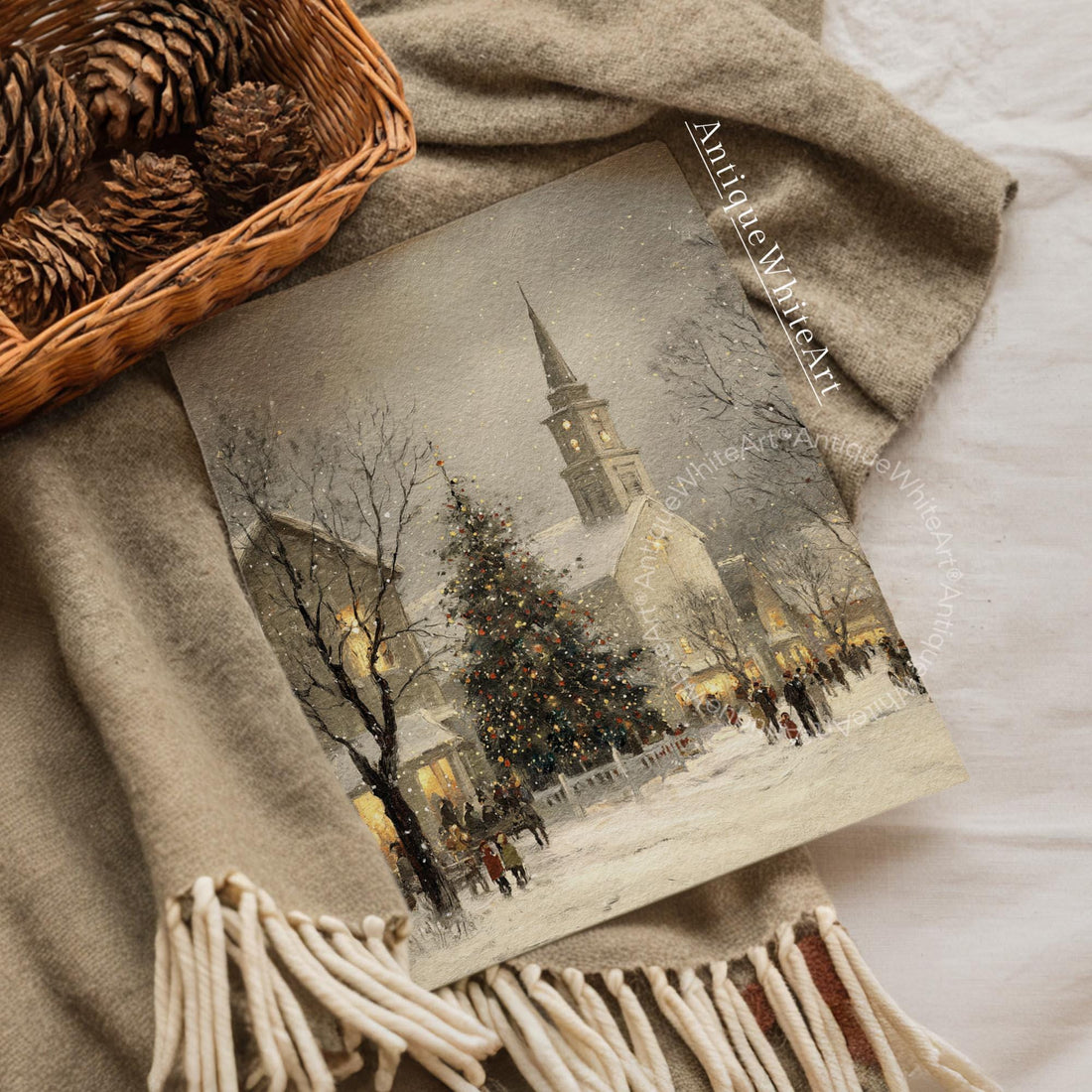 Rustic Christmas Town Print Tree Painting Moody Winter Wall Art Farmhouse Decor W249