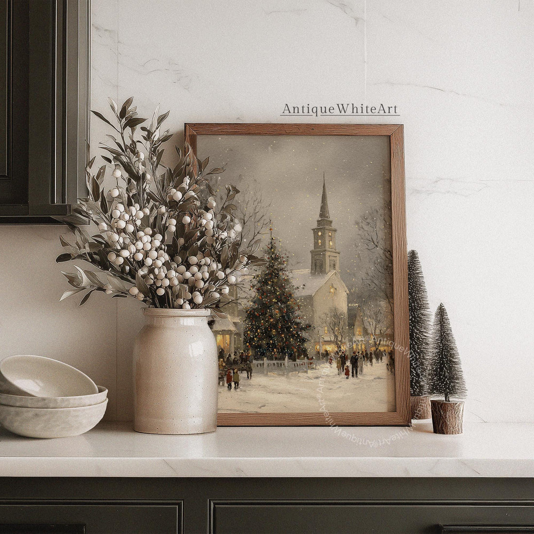 Rustic Christmas Town Print Tree Painting Moody Winter Wall Art Farmhouse Decor W249