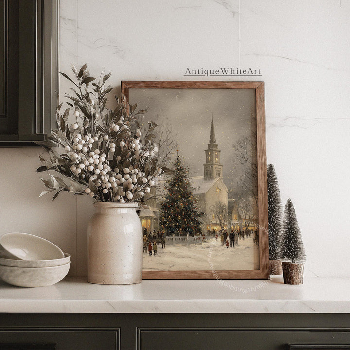 Rustic Christmas Town Print Tree Painting Moody Winter Wall Art Farmhouse Decor W249