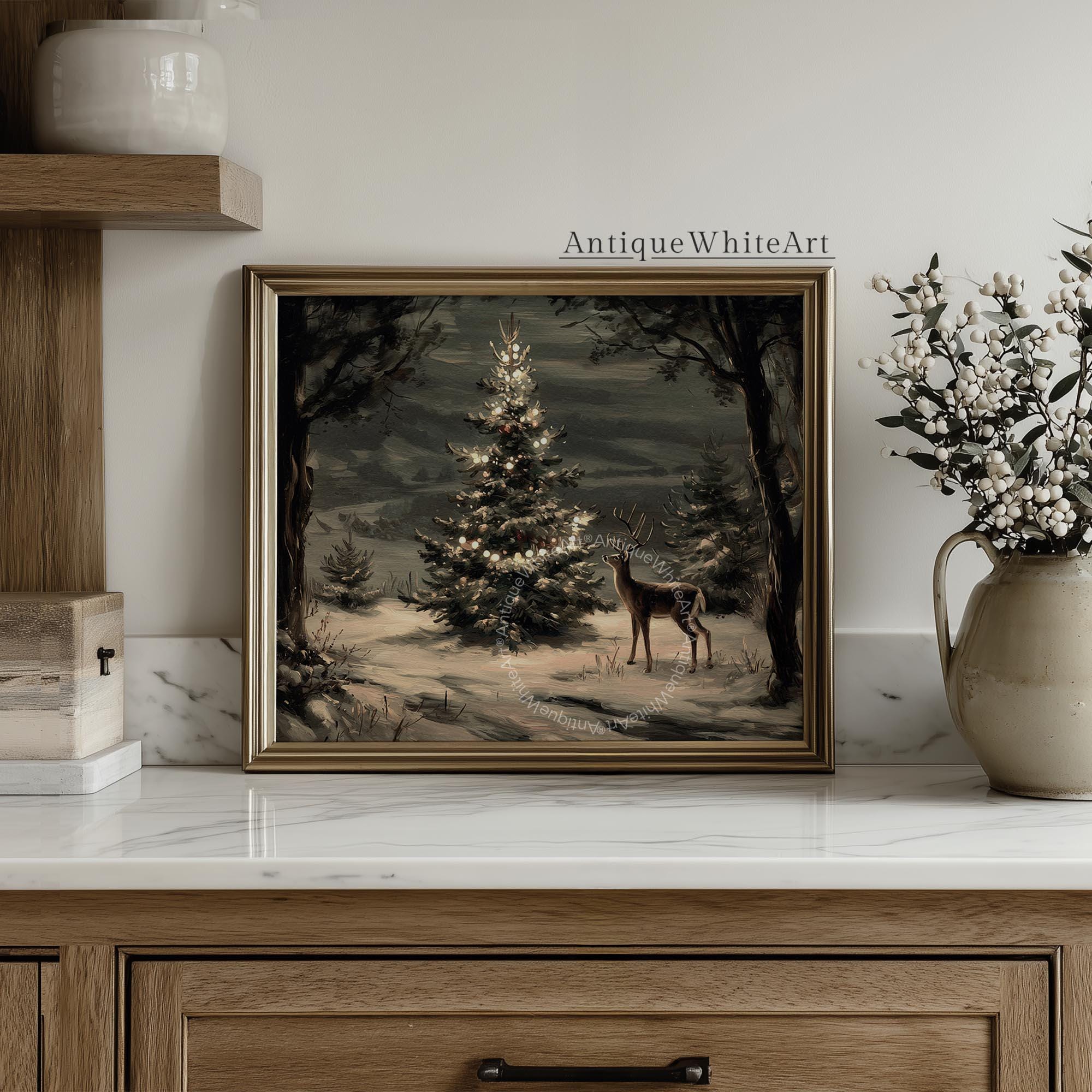 Christmas Tree Painting Vintage Style Dark Academia Holiday Print Moody Winter Wall Art W250