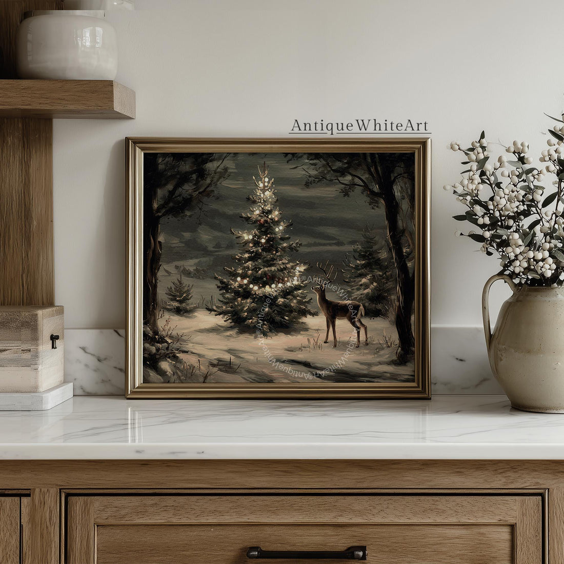 Christmas Tree Painting Vintage Style Dark Academia Holiday Print Moody Winter Wall Art W250