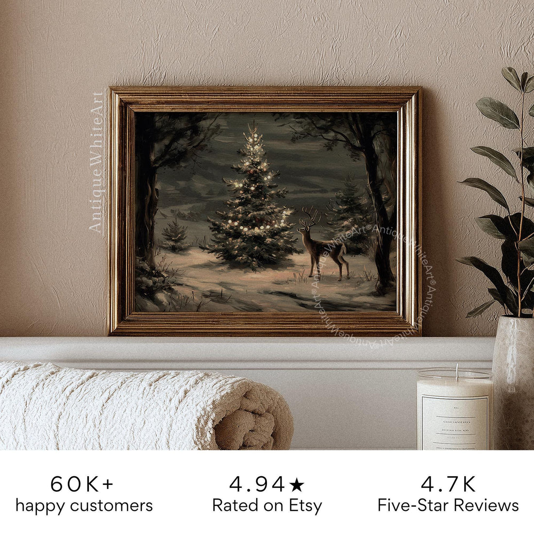 Christmas Tree Painting Vintage Style Dark Academia Holiday Print Moody Winter Wall Art W250
