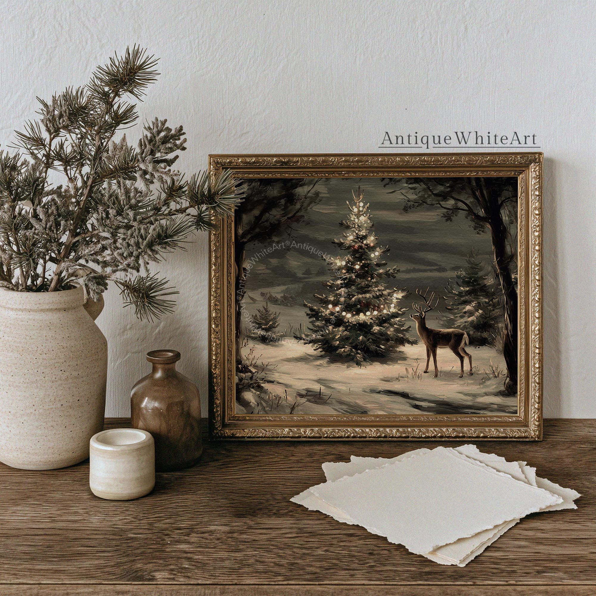 Christmas Tree Painting Vintage Style Dark Academia Holiday Print Moody Winter Wall Art W250