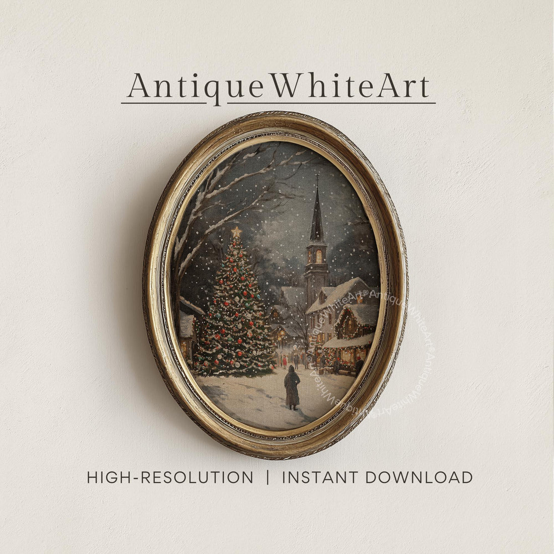 Rustic Christmas Town Print Tree Painting Moody Winter Wall Art Farmhouse Decor W251